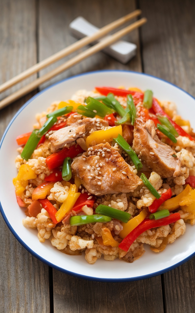 A plate of Keto Chicken Fried Cauliflower Rice with bell peppers, chicken, and green onions.