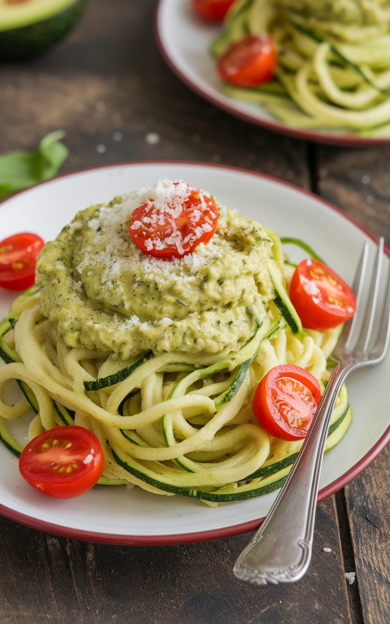 Zucchini noodles with avocado pesto, cherry tomatoes, and Parmesan on a rustic table.