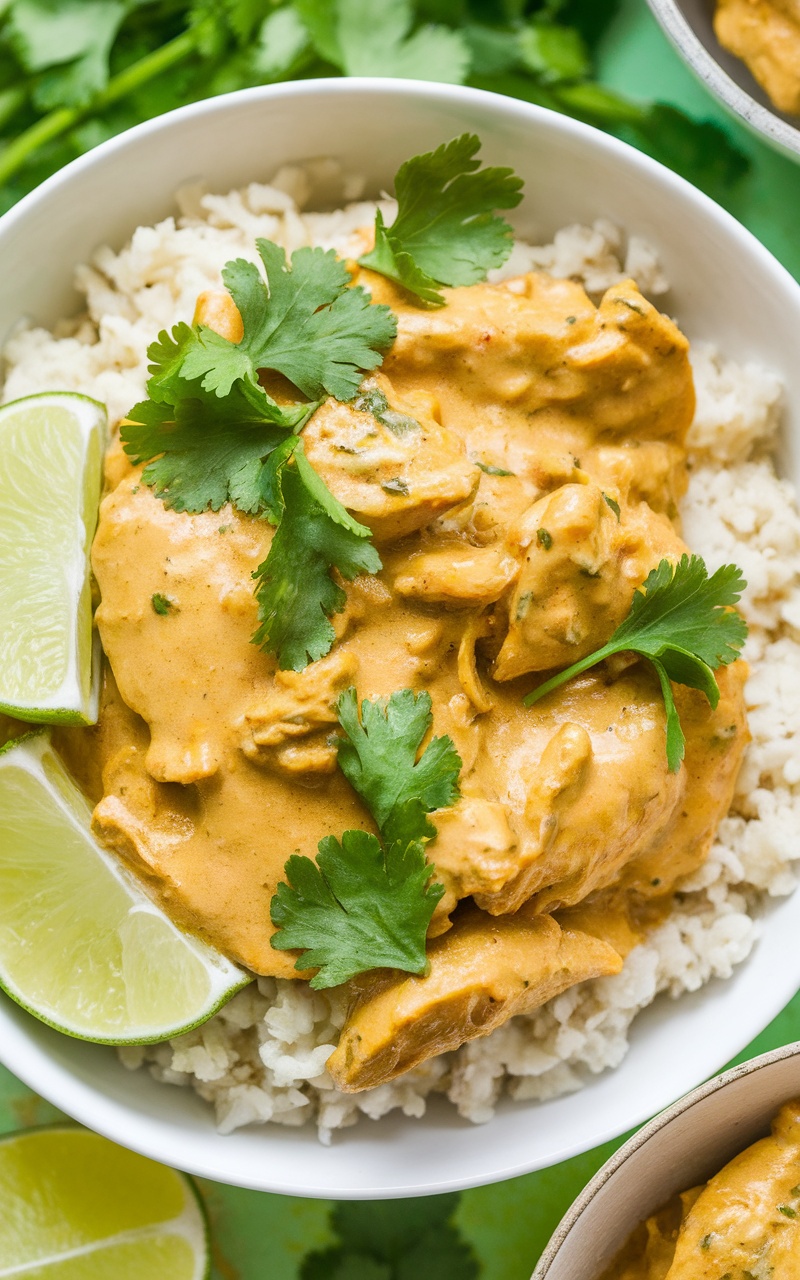 A bowl of keto coconut lime chicken curry with chicken pieces in coconut sauce, garnished with cilantro and lime, served over cauliflower rice.