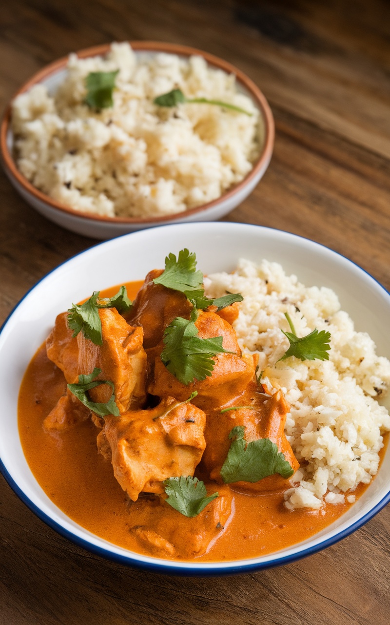 Keto Chicken Tikka Masala with cauliflower rice, garnished with cilantro on a rustic table.