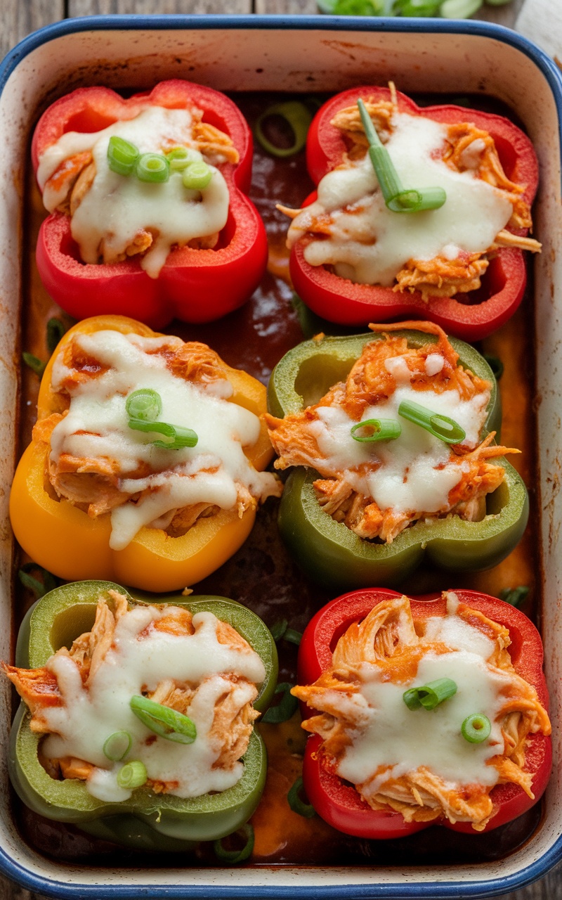 Keto BBQ Chicken and Cheese Stuffed Peppers in a baking dish, garnished with green onions.