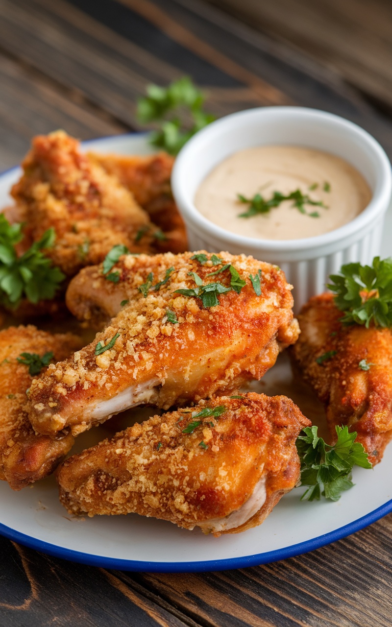 Baked parmesan crusted chicken wings on a plate with parsley and dipping sauce.