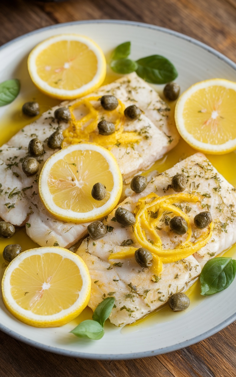 Baked tilapia fillets garnished with lemon slices and capers on a rustic table.