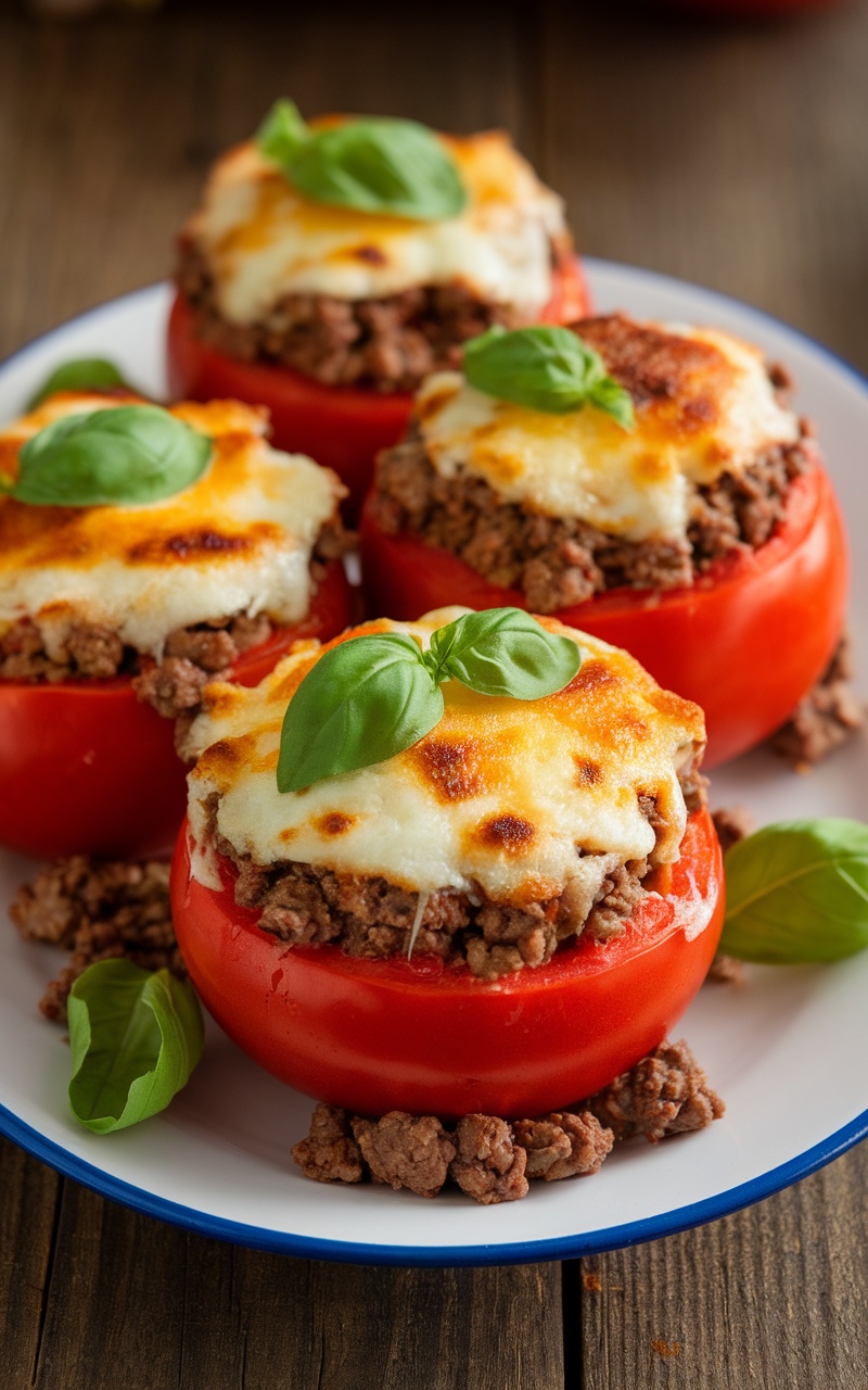 Beef-stuffed tomatoes with melted cheese, garnished with basil on a wooden table.