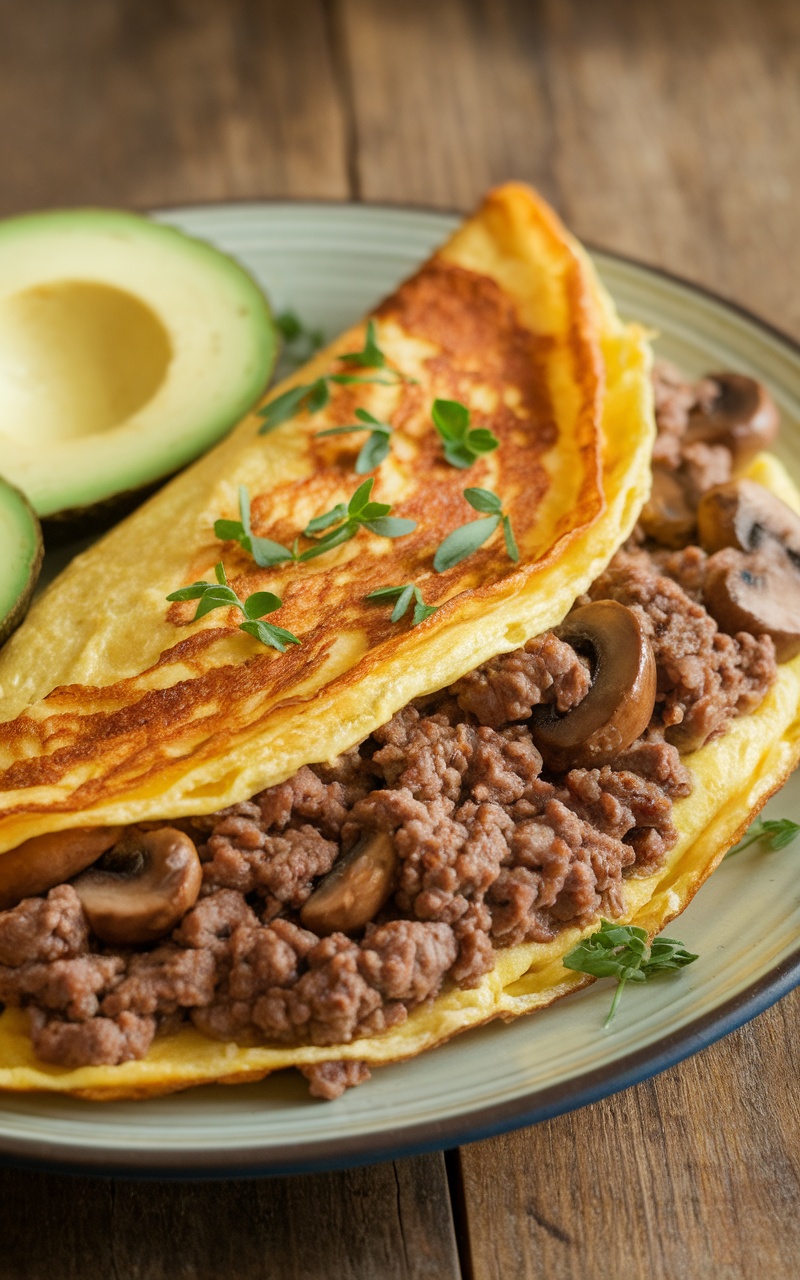 Savory beef and mushroom omelette on a plate with avocado slices, garnished with herbs.