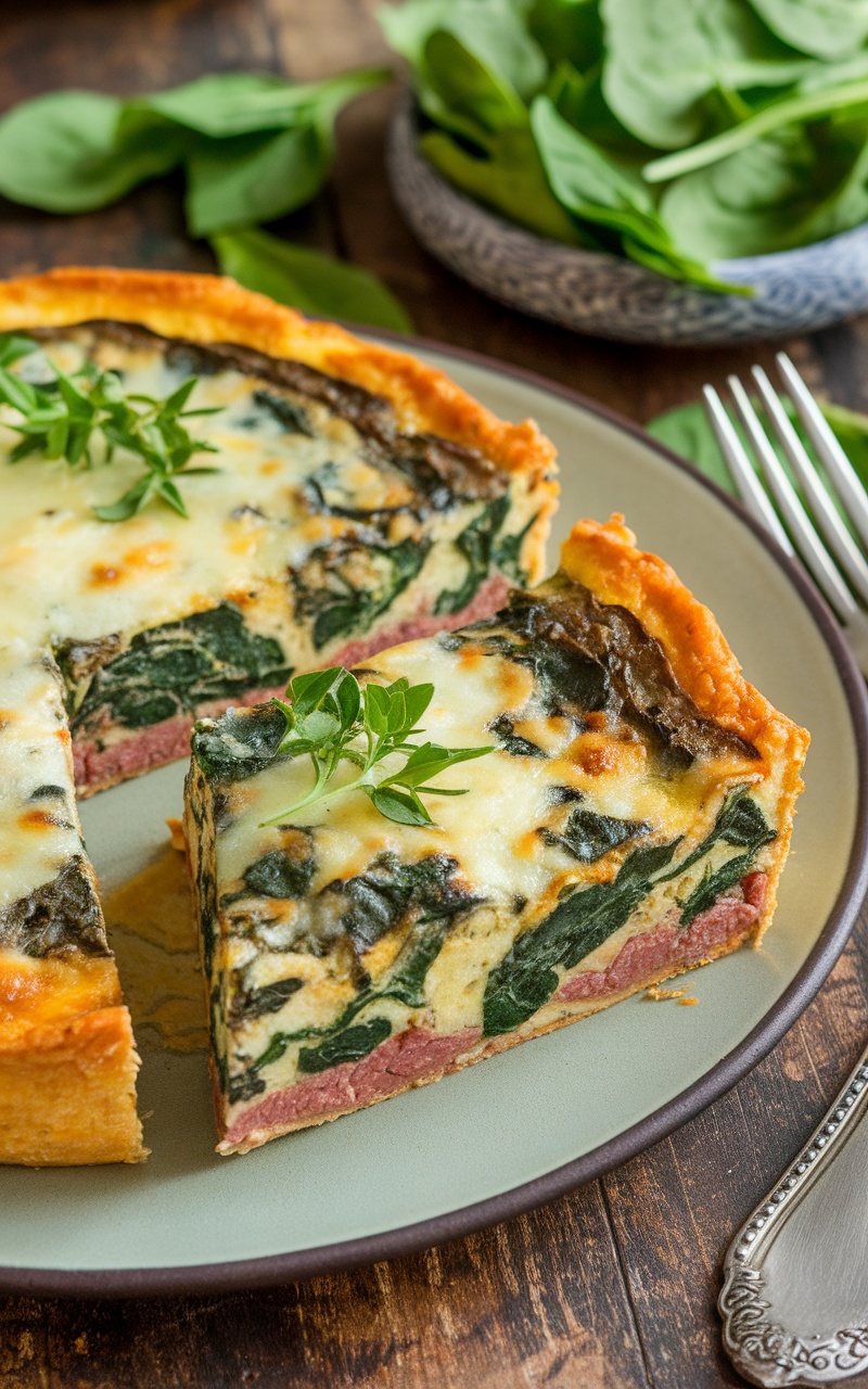 A slice of keto beef and spinach frittata with cheese and herbs, on a rustic table with fresh spinach.