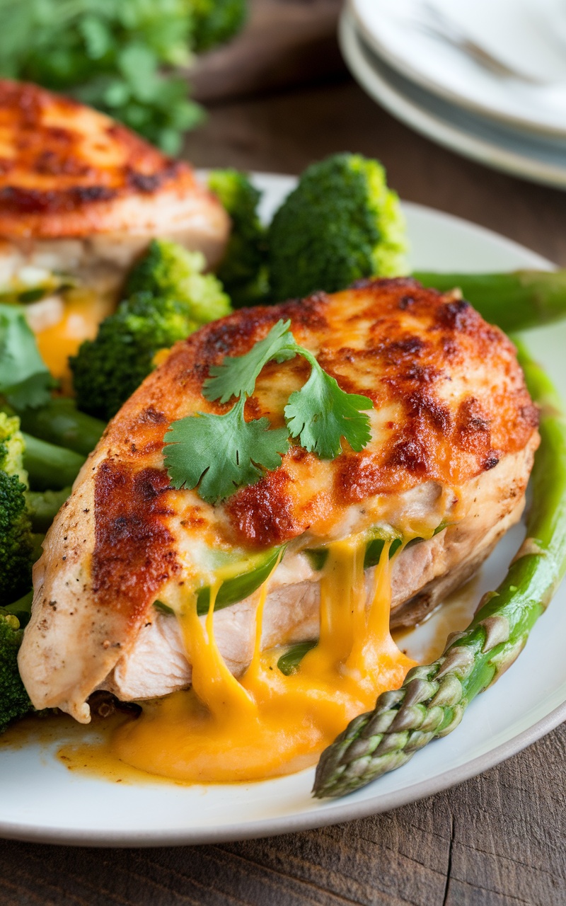 Keto stuffed chicken with cheddar and jalapeños, garnished with cilantro, on a rustic table.