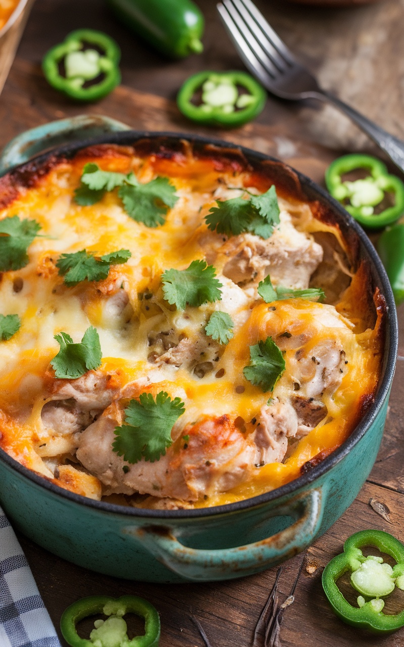 Keto Cheesy Jalapeño Chicken Casserole served in a rustic dish, garnished with cilantro, on a wooden table.