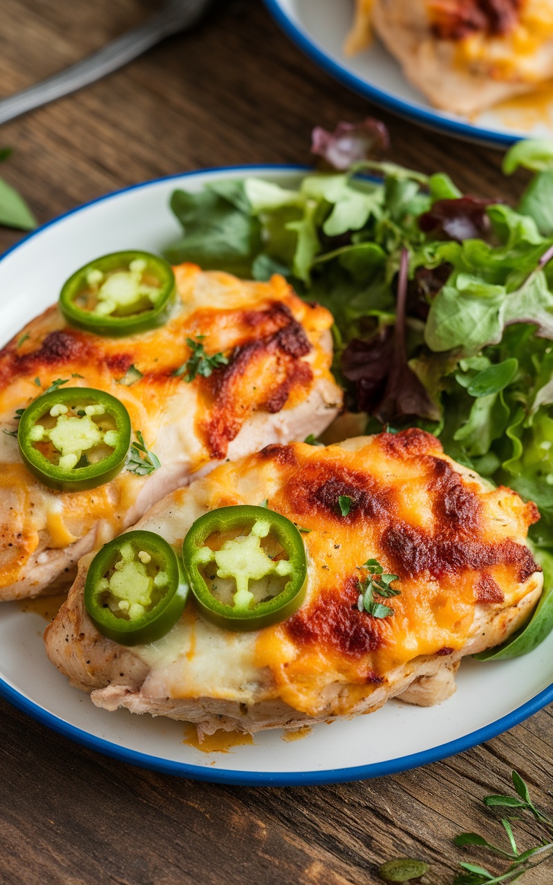 A delicious Keto Cheesy Jalapeño Popper Chicken Bake with bubbly cheese, jalapeños, and fresh herbs on a rustic table.