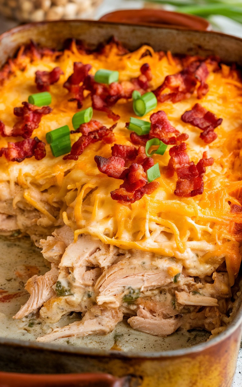 A delicious keto chicken casserole with bacon and cheese, garnished with green onions, ready to serve.