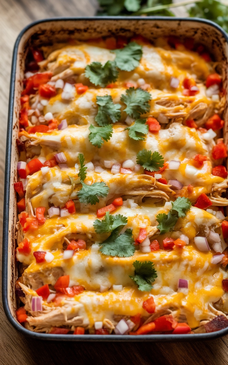 A hearty keto chicken enchilada casserole topped with melted cheese and cilantro, served in a rustic baking dish.