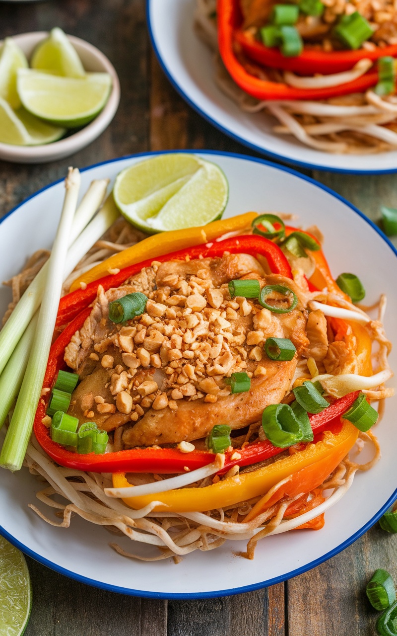 A colorful plate of Keto Chicken Pad Thai with Shirataki noodles, crushed peanuts, and garnished with green onions and lime.