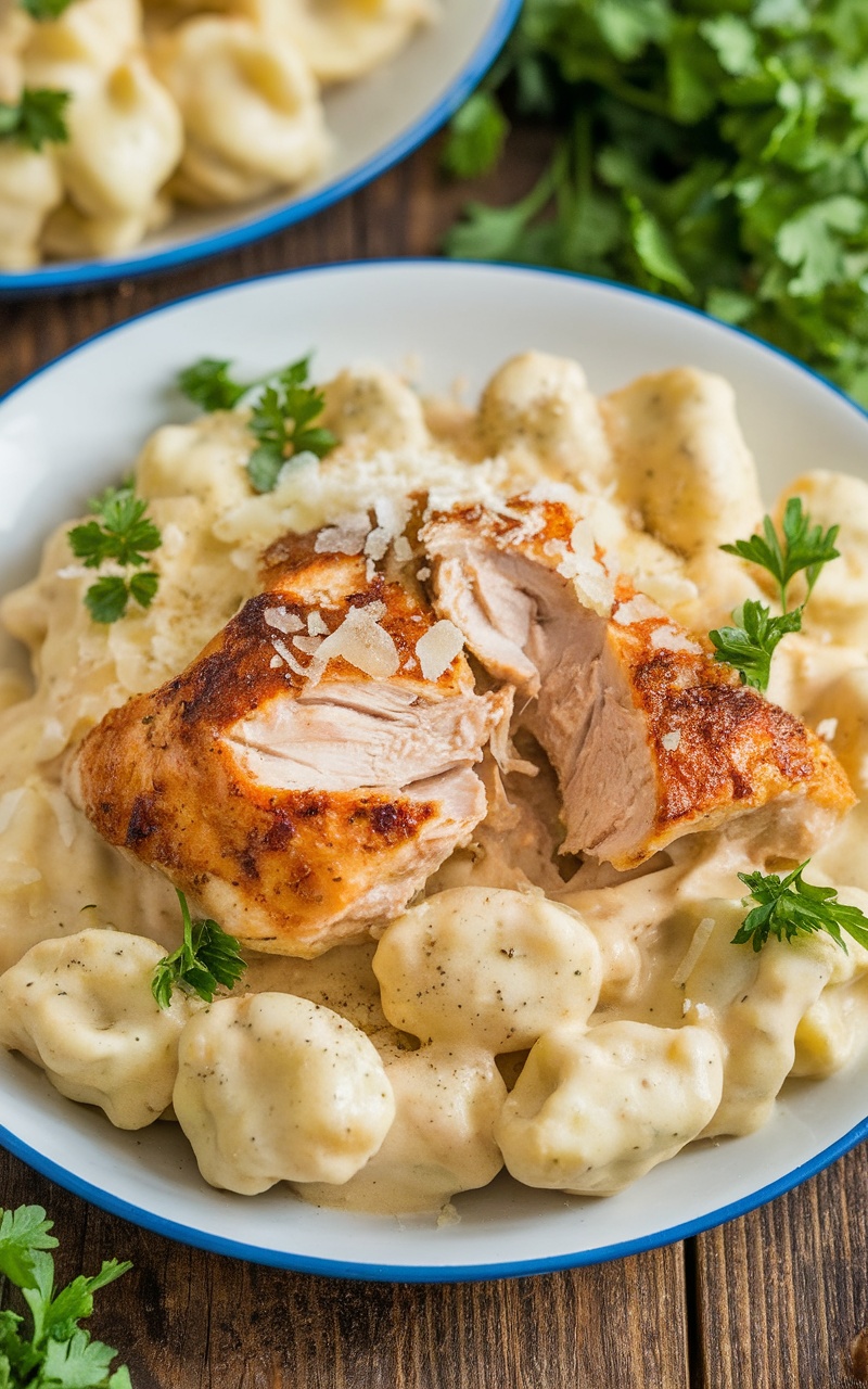 A plate of Keto Chicken and Cauliflower Gnocchi Alfredo garnished with parsley and parmesan on a rustic table.