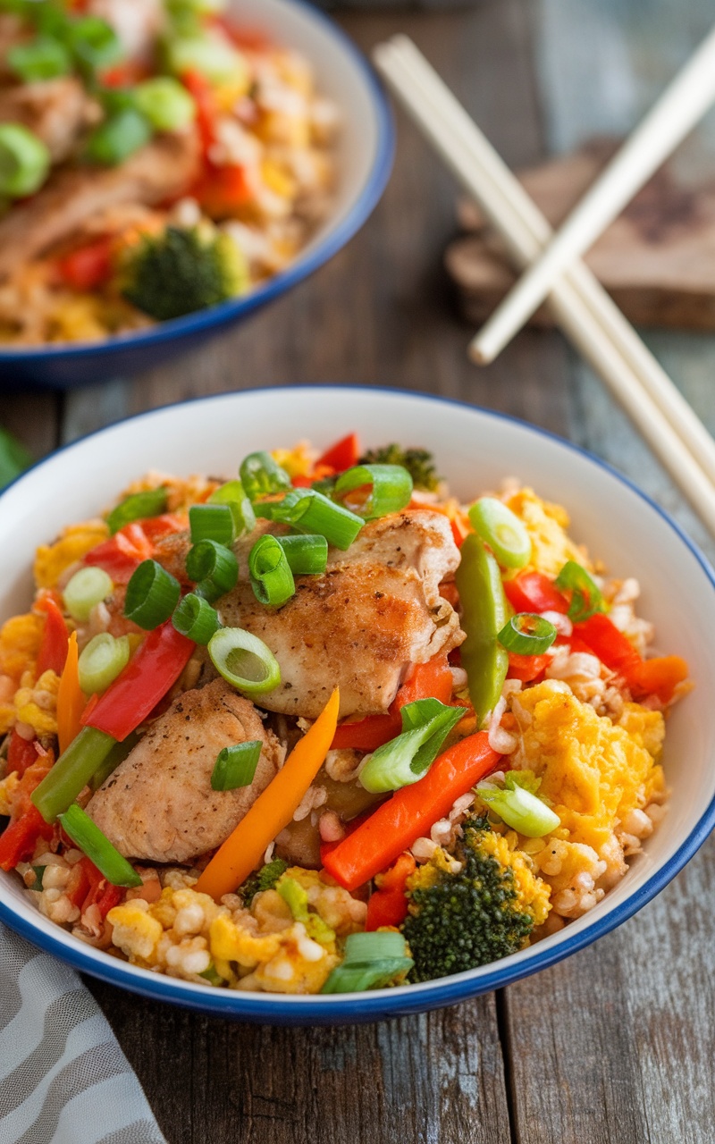 A hearty bowl of Keto Fried Cauliflower Rice with chicken, eggs, and vegetables, garnished with green onions.