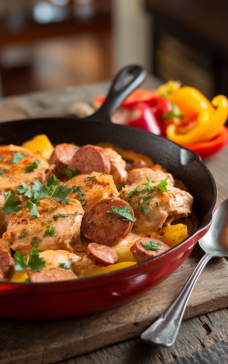 A skillet of creamy Cajun chicken and sausage, garnished with parsley, served on a rustic table.