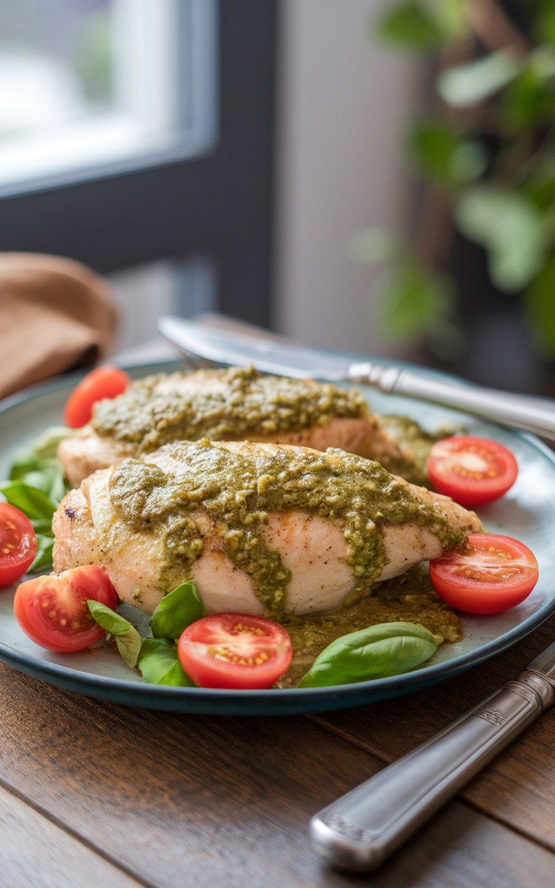Keto Creamy Pesto Chicken with cherry tomatoes, garnished with basil on a rustic table.