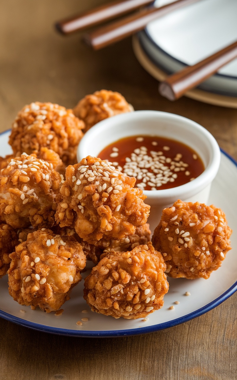 Crispy sesame chicken bites on a plate with dipping sauce, garnished with sesame seeds.