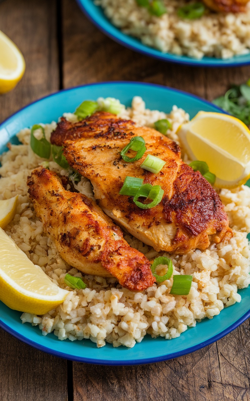Keto Spicy Cajun Chicken on cauliflower rice, garnished with green onions and lemon, on a wooden table.