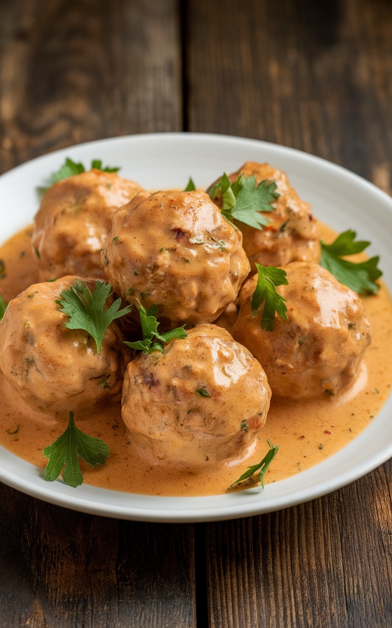Creamy garlic parmesan chicken meatballs served with parsley on a rustic wooden table.