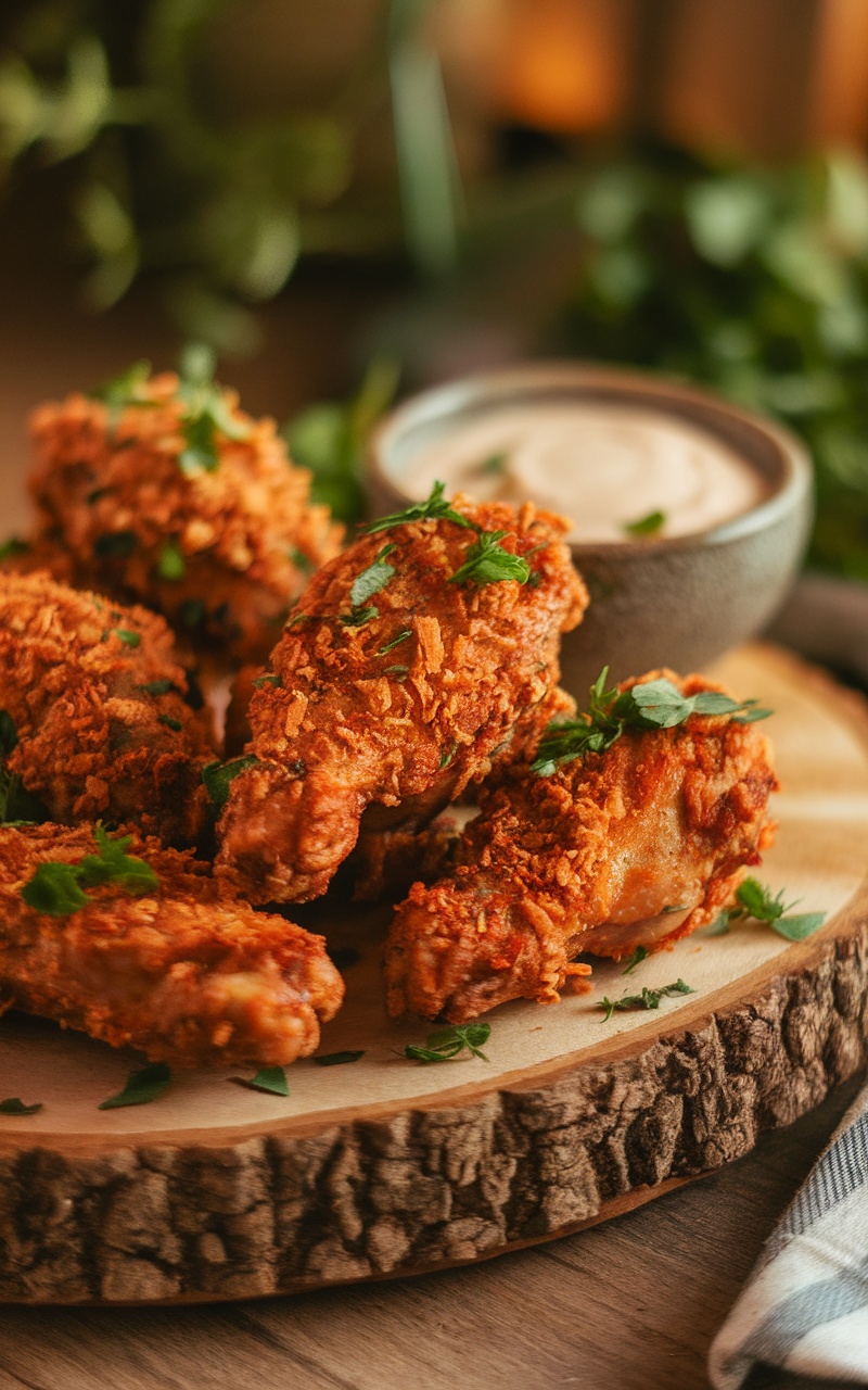 Crispy chicken wings coated in pork rinds, served on a wooden platter with dipping sauce.