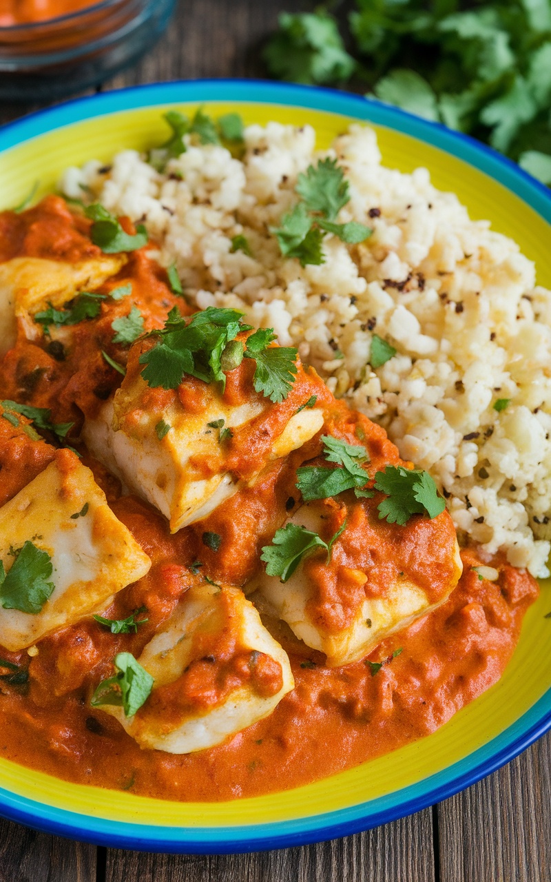 Keto Fish Tikka Masala with creamy sauce and cilantro, served with cauliflower rice.