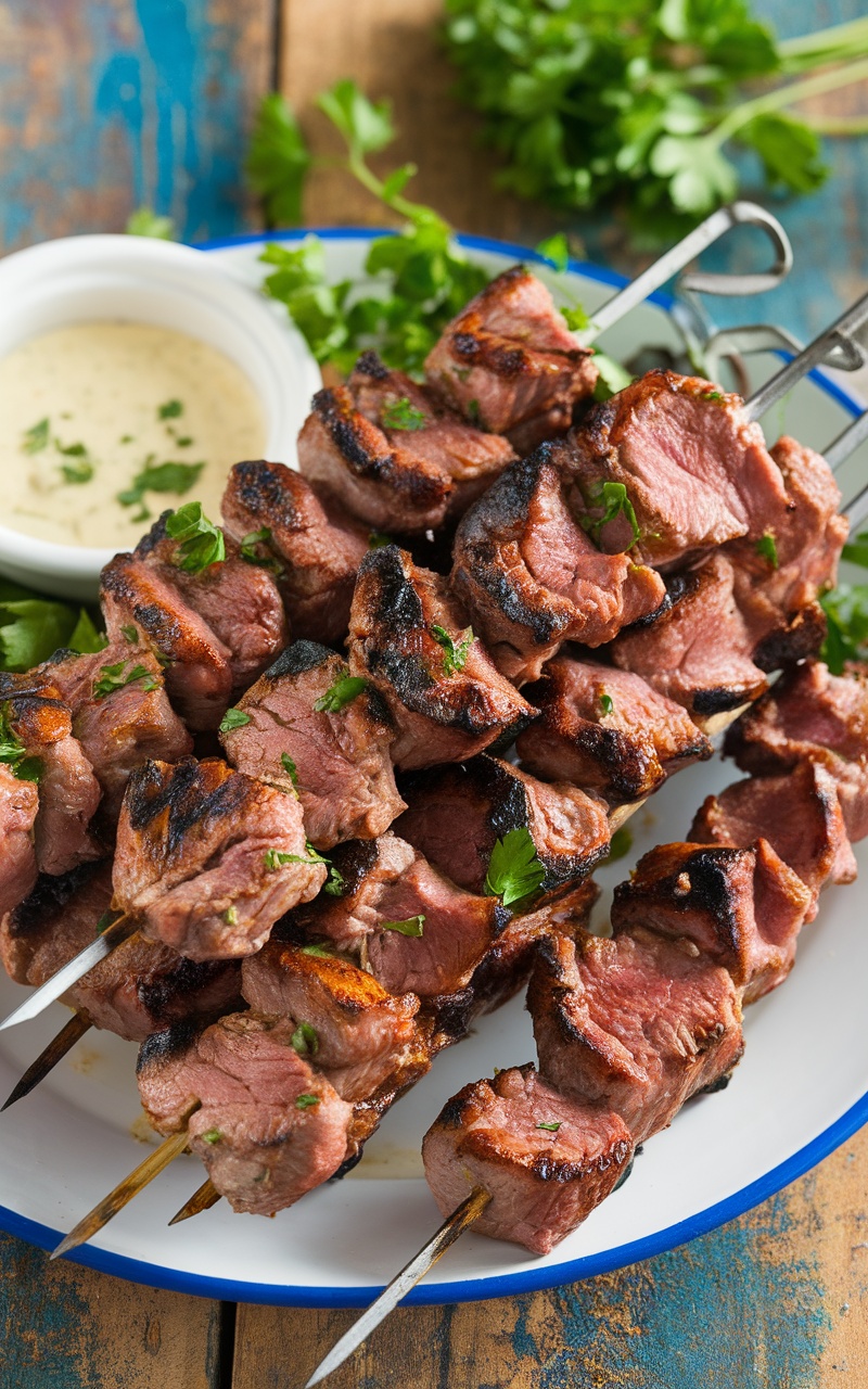 Grilled lamb kebabs served with garlic sauce on a rustic wooden table.