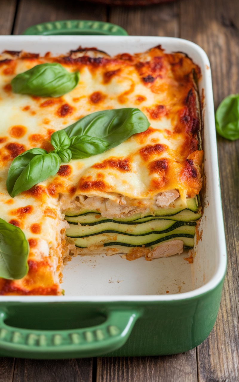 A dish of Keto Chicken and Zucchini Lasagna with layers of cheese and zucchini, garnished with basil.