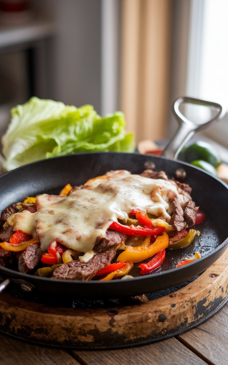 Keto Philly cheesesteak with beef, peppers, onions, and melted cheese served with lettuce wraps.