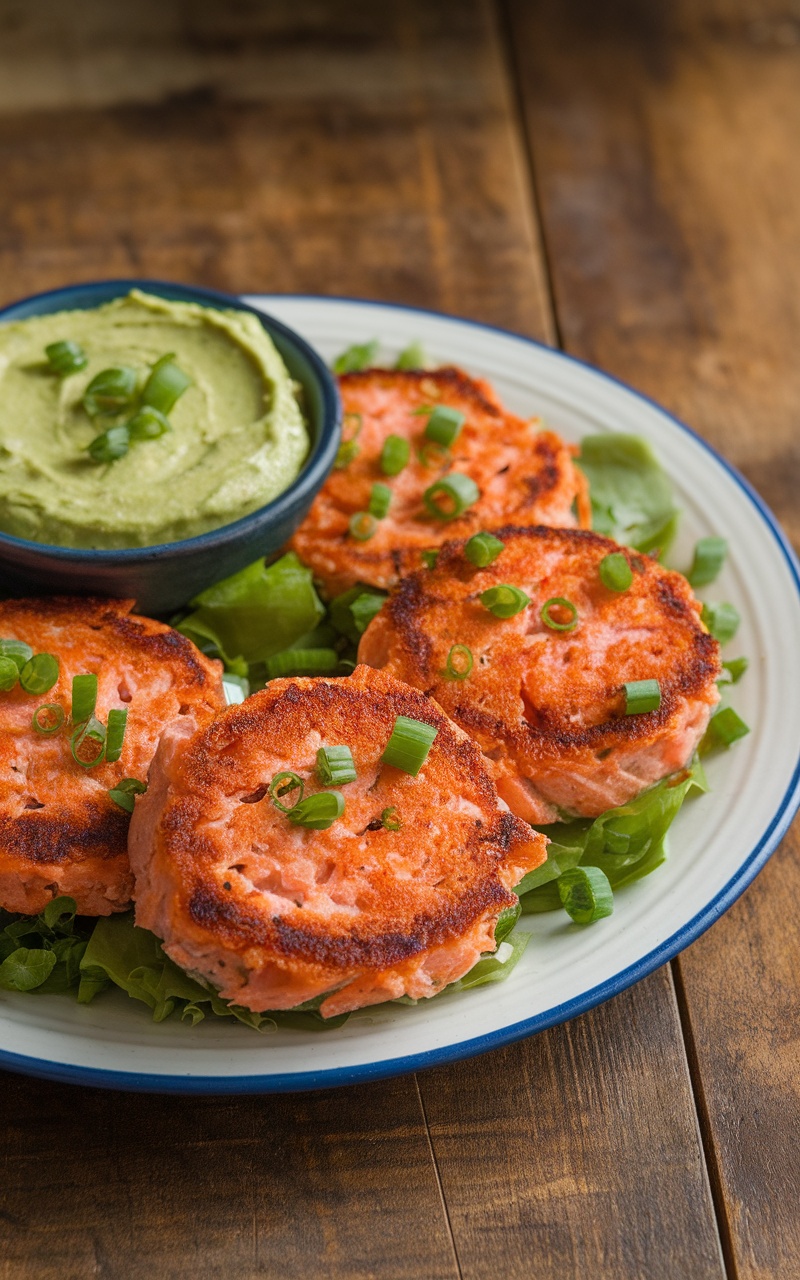 Crispy salmon patties with creamy avocado dip on a rustic table.