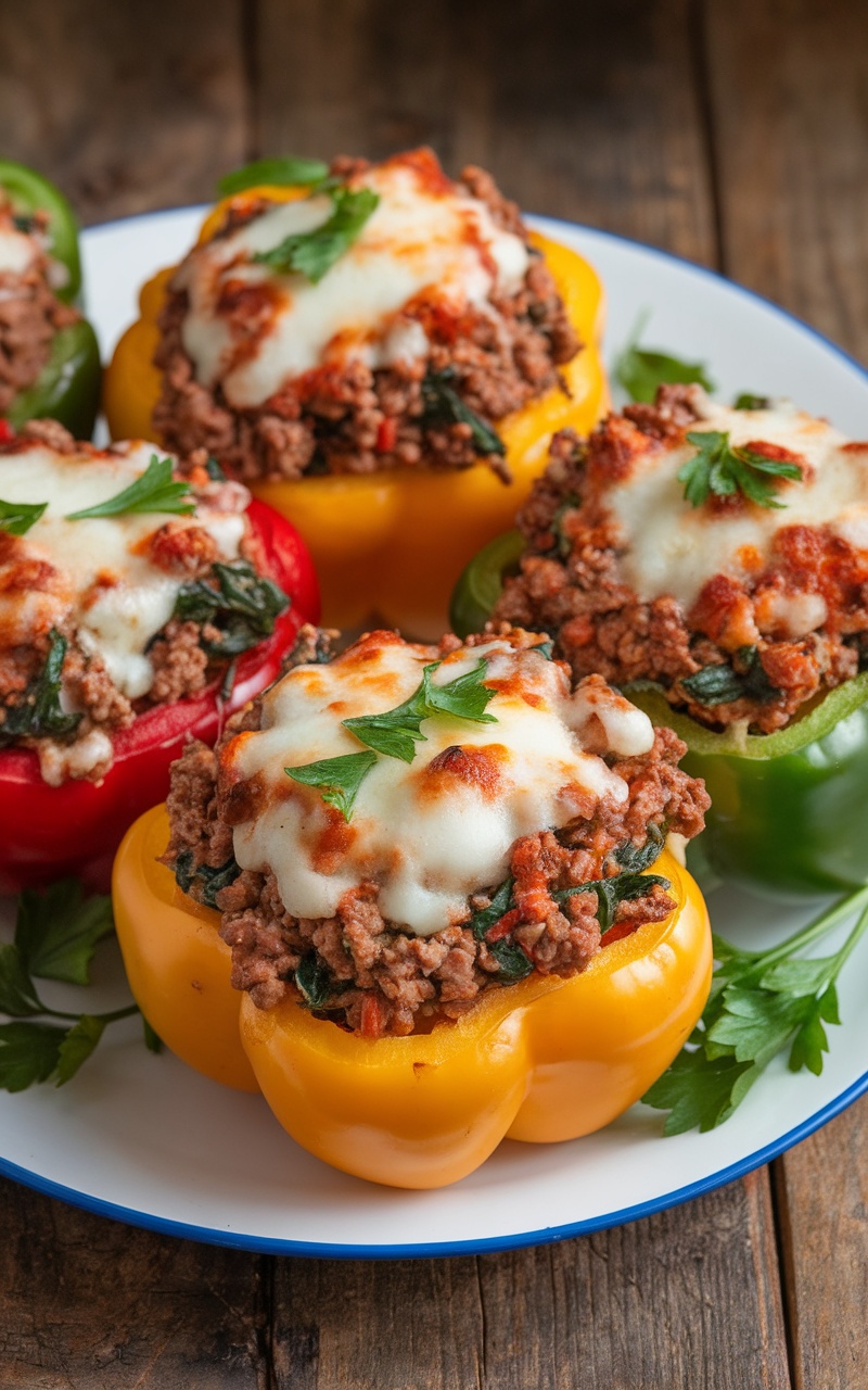 A colorful plate of keto lamb and spinach stuffed bell peppers topped with mozzarella cheese, garnished with parsley.