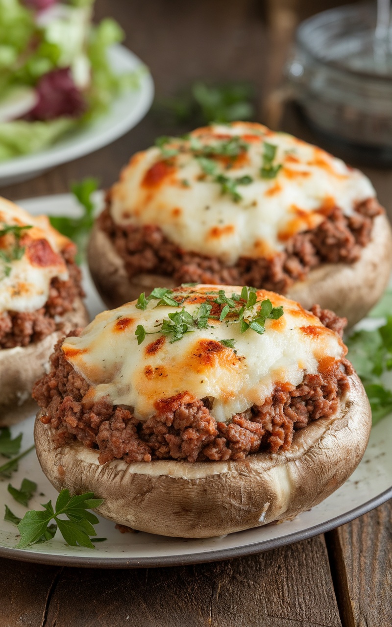 Keto beef-stuffed portobello mushrooms filled with ground beef and cheese, garnished with parsley on a rustic table.