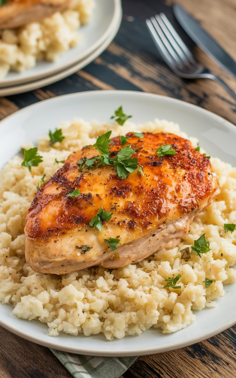 Keto garlic butter chicken with parmesan cauliflower rice, garnished with parsley on a rustic table.