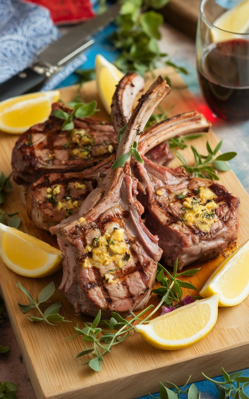 Grilled lamb chops with garlic butter, garnished with herbs and lemon, on a rustic cutting board.