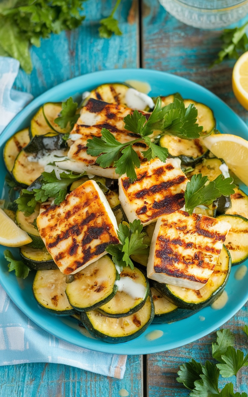 Grilled zucchini and halloumi salad with parsley on a rustic table.