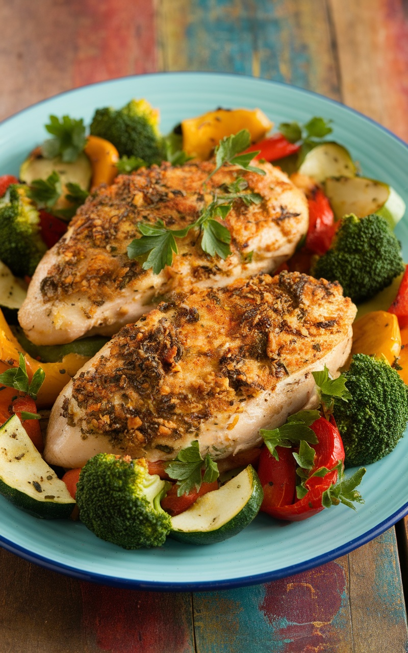 Herb-crusted chicken with roasted vegetables on a rustic wooden table, garnished with parsley.