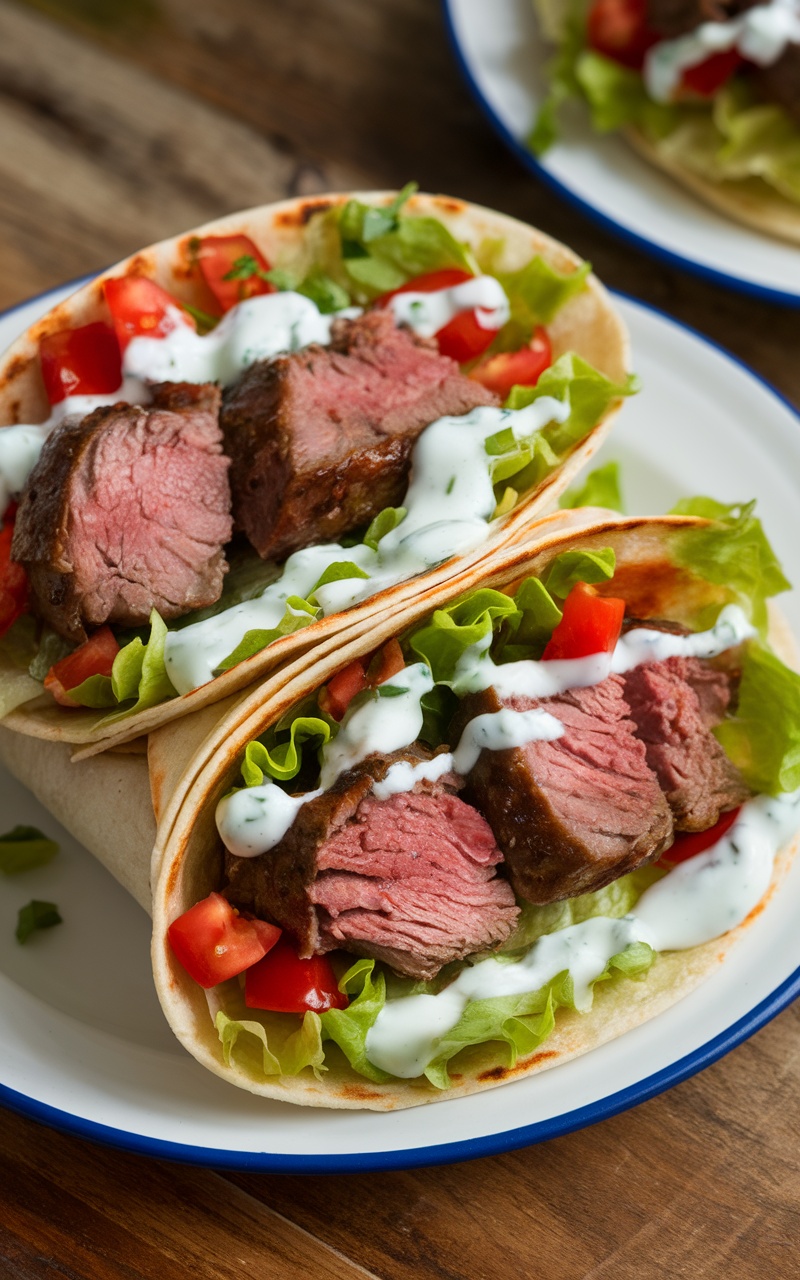 Keto Lamb Gyro Wraps with seasoned lamb, lettuce, tomatoes, and tzatziki sauce on a rustic table.