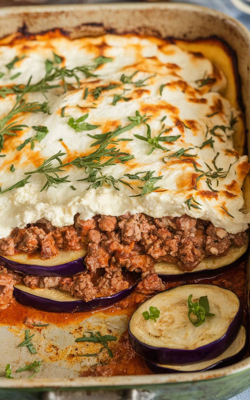 Delicious keto lamb and eggplant moussaka with layers of eggplant, lamb, and cheese, garnished with herbs.