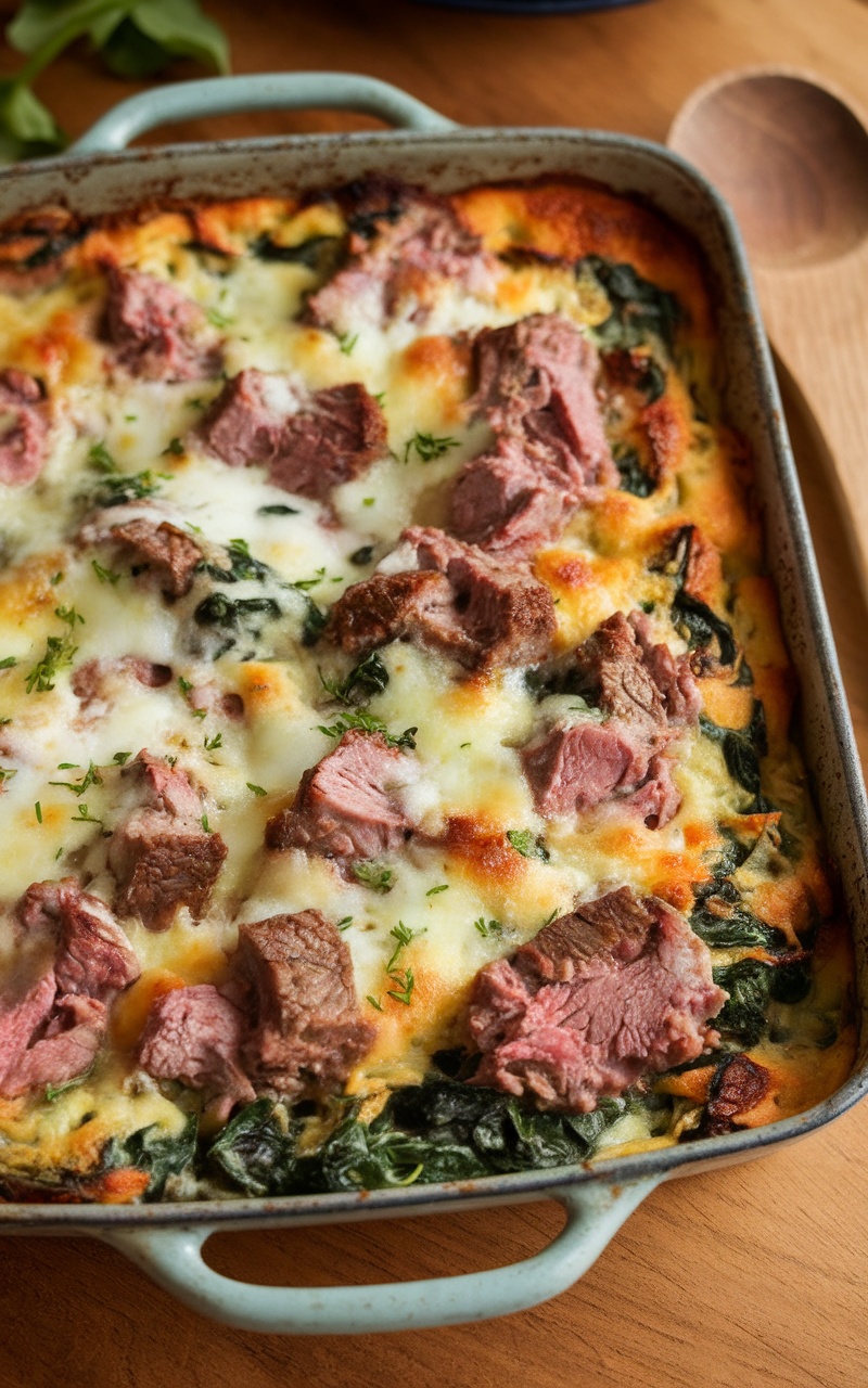 Keto Lamb and Spinach Casserole with golden cheese topping and vibrant spinach, served in a rustic dish.