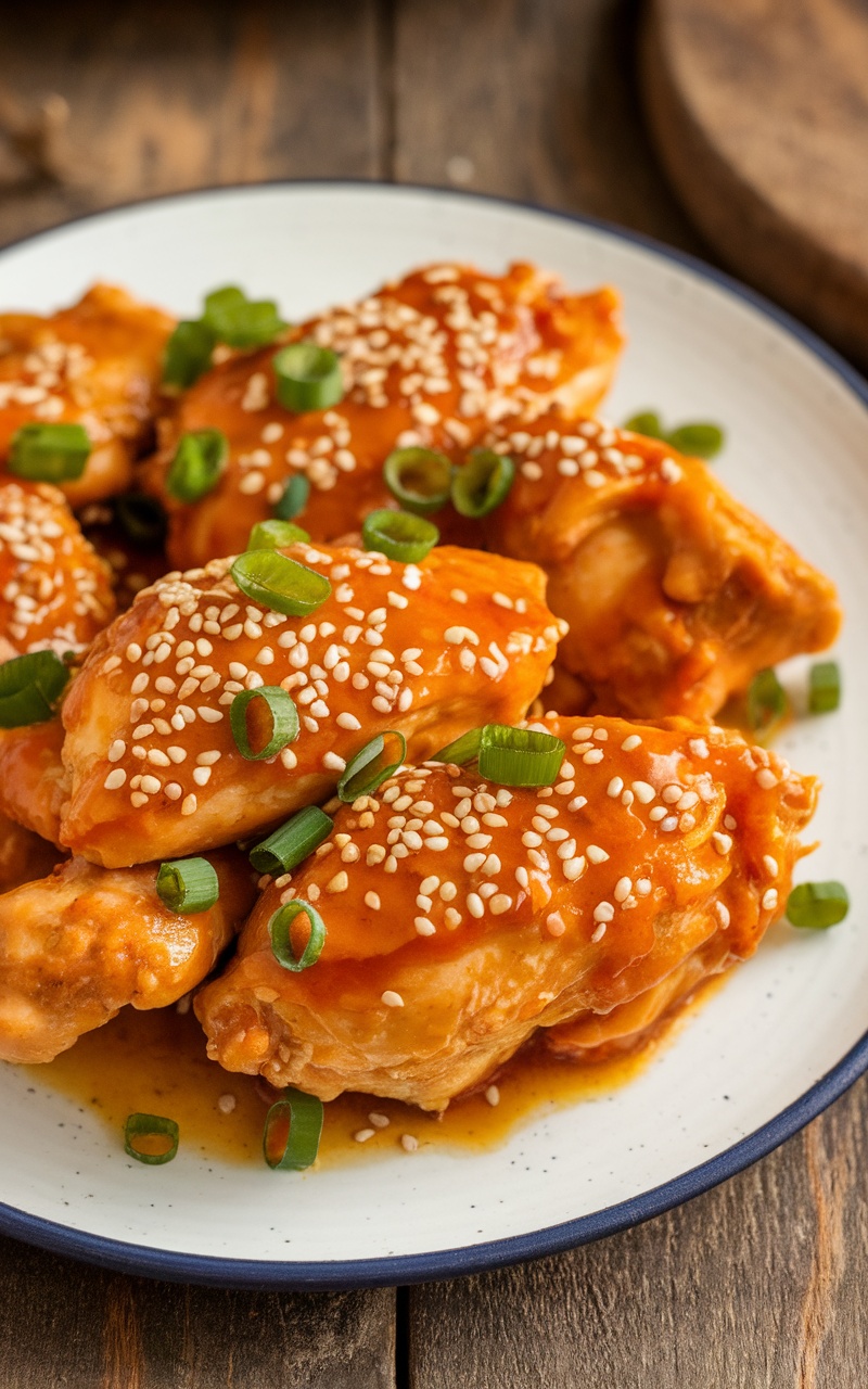 A delicious keto orange chicken dish garnished with sesame seeds and green onions.
