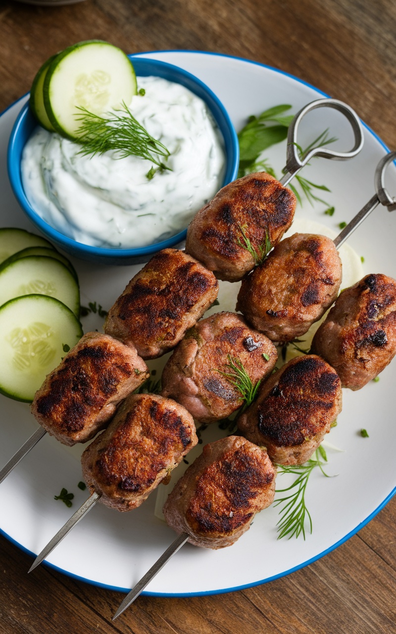 Grilled spiced lamb koftas on skewers served with tzatziki sauce in a bowl, garnished with herbs, on a rustic wooden table.