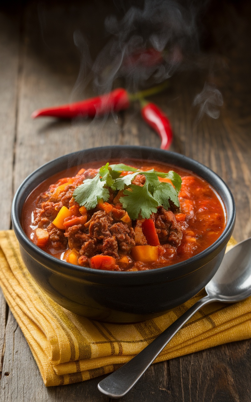 A bowl of spicy lamb chili with vegetables and cilantro on a wooden table, accompanied by chili peppers.