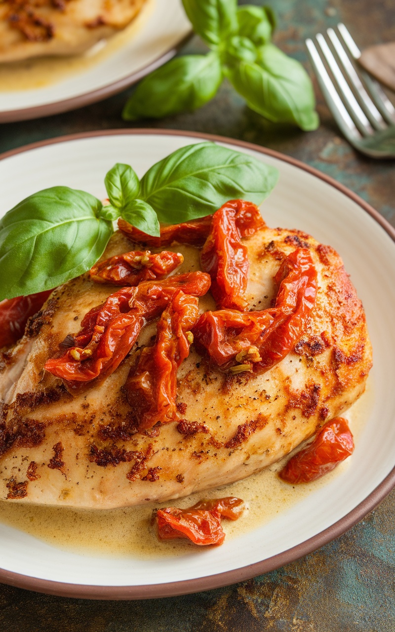 Keto Sun-Dried Tomato and Basil Chicken with creamy sauce and fresh basil on a rustic table.