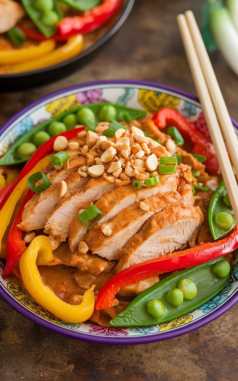 Keto Thai Peanut Chicken Stir-Fry with chicken, bell peppers, snap peas, and peanut sauce, garnished with peanuts and green onions.