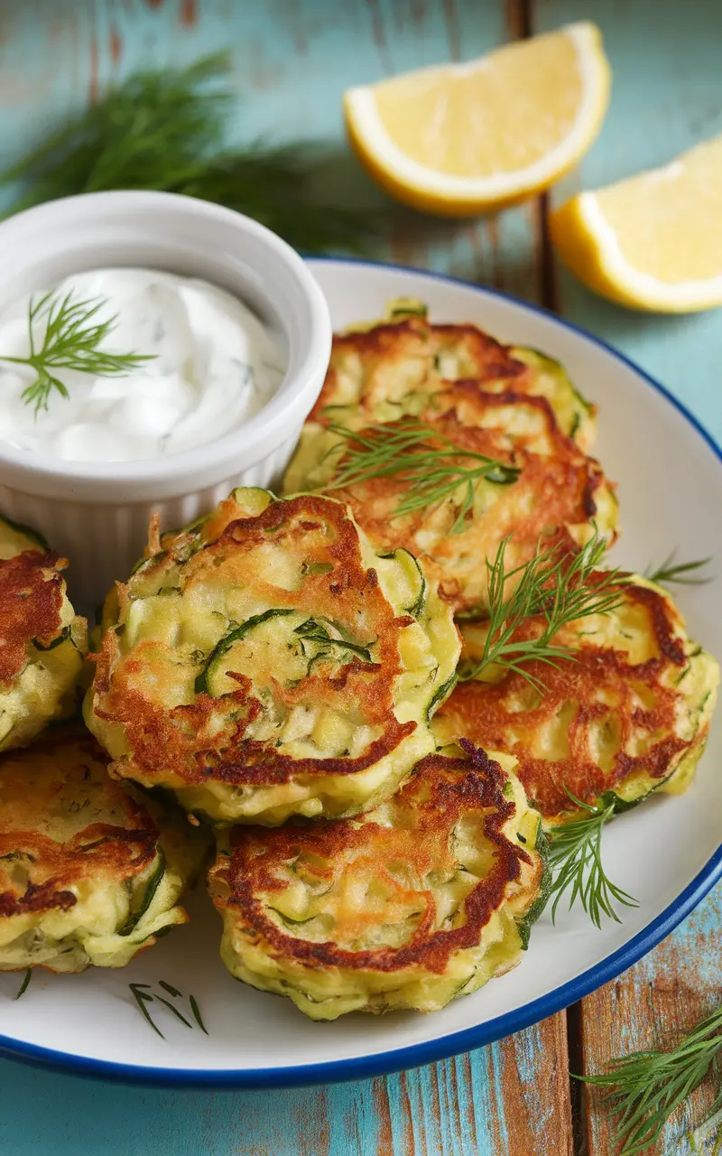 Crispy zucchini fritters with creamy Greek yogurt sauce and fresh dill on a rustic table.
