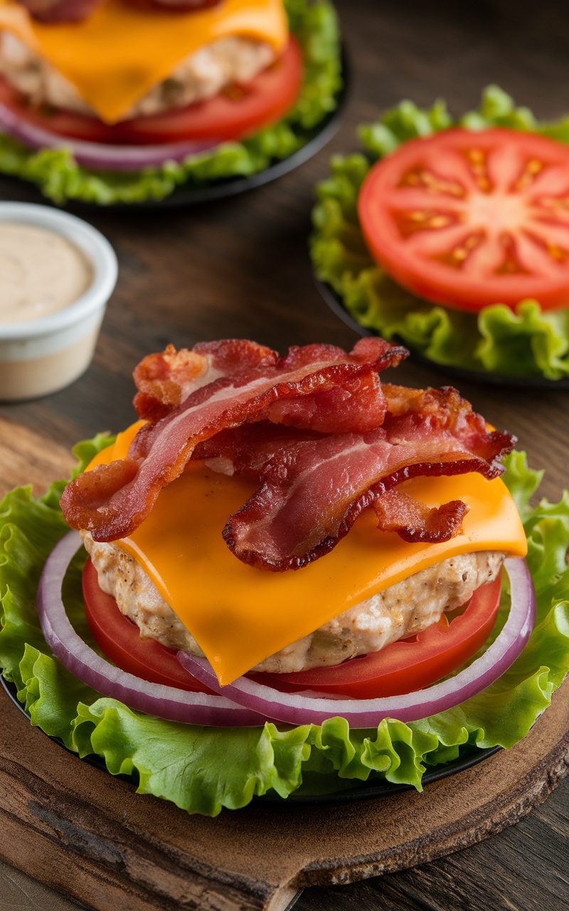 Keto chicken burger with bacon and cheddar on lettuce, topped with tomato and onion, on a rustic table.