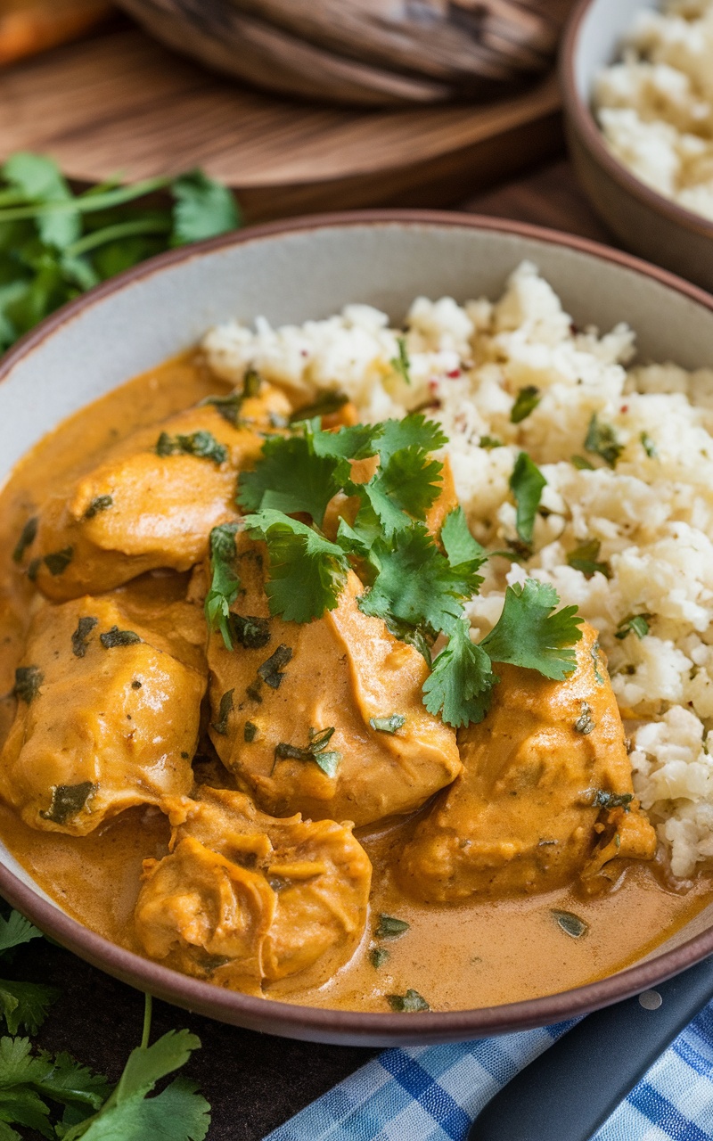 Creamy butter chicken curry in a bowl, garnished with cilantro, served with cauliflower rice.