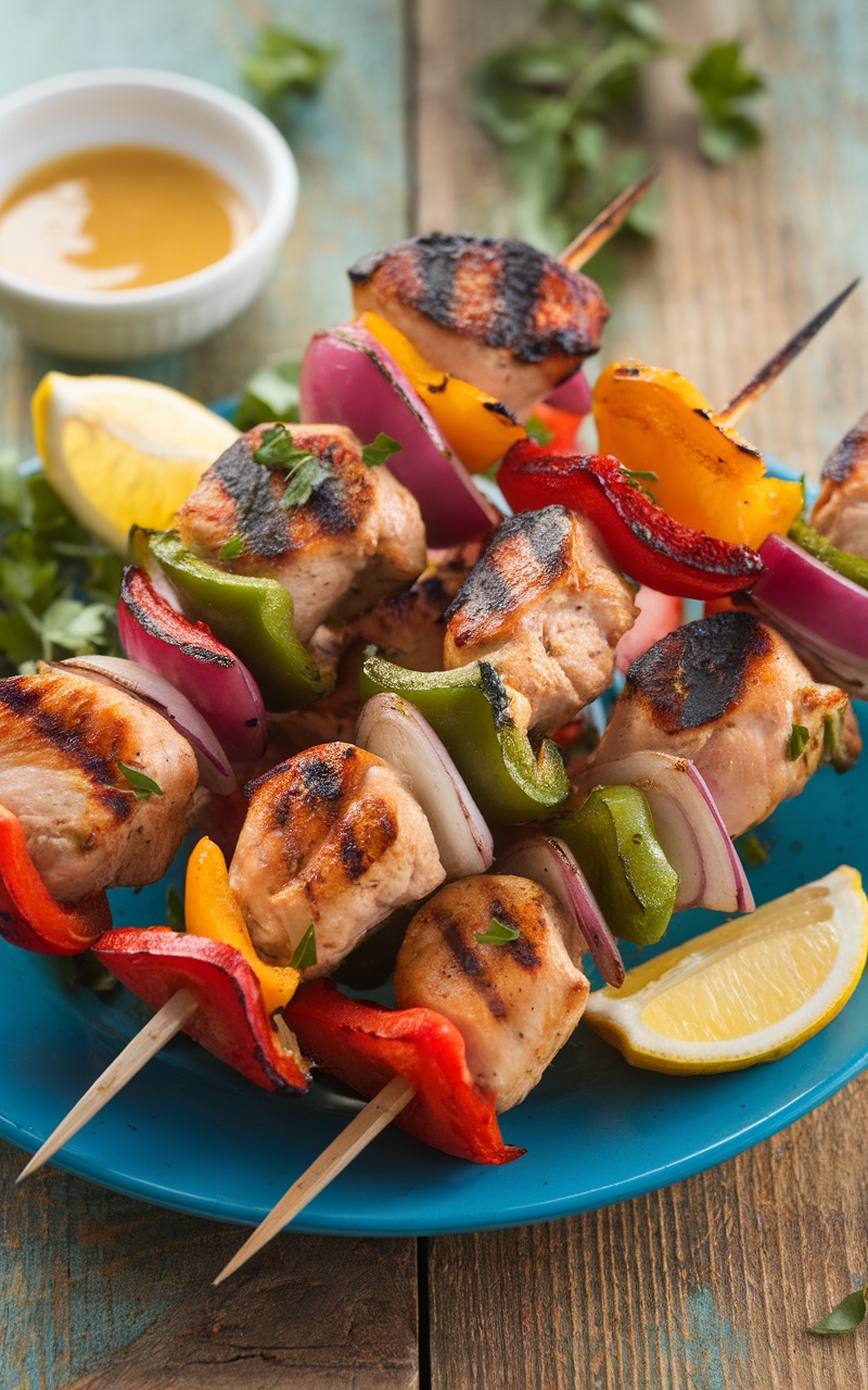 Grilled chicken kebabs with lemon and herbs, garnished with fresh herbs and lemon wedges, on a rustic wooden table.