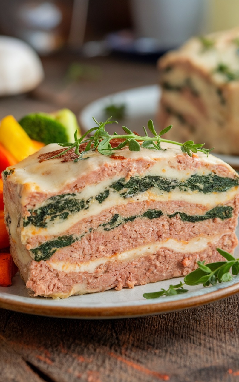 A slice of cheesy spinach stuffed chicken meatloaf with mozzarella and spinach on a wooden plate.