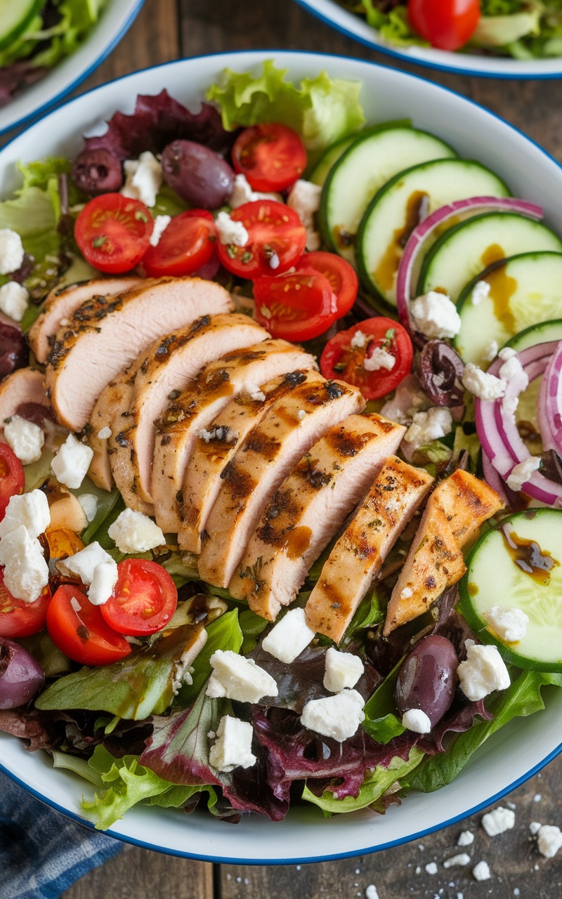 Keto Mediterranean grilled chicken salad with grilled chicken, mixed greens, tomatoes, cucumbers, olives, and feta cheese.