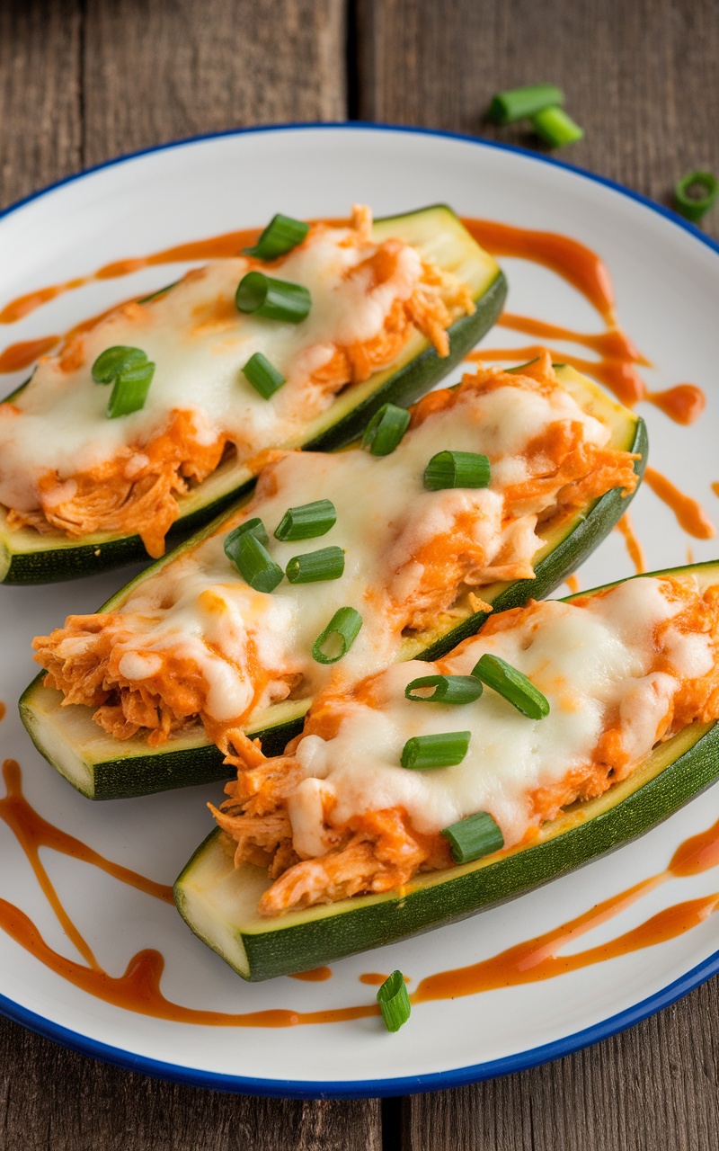 Keto buffalo chicken stuffed zucchini boats filled with chicken and cheese, garnished with green onions.